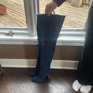 Report Denim Over the Knee Block Heel distressed Boots